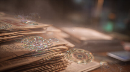 Misty old newspapers and radios fade as sharp holographic smartphones and tablets highlight the rise of digital technology replacing traditional media