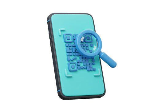 Isolated mobile phone with QR code and magnifying glass for security authentication check