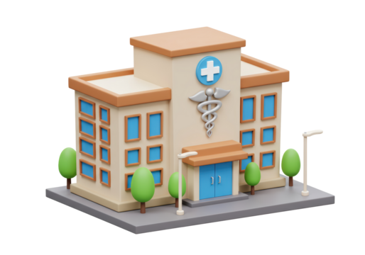 Isolated 3D hospital building with green trees, cartoon medical center architecture