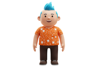 Isolated happy 3D dentist cartoon character wearing dental tools printed shirt and brown pants