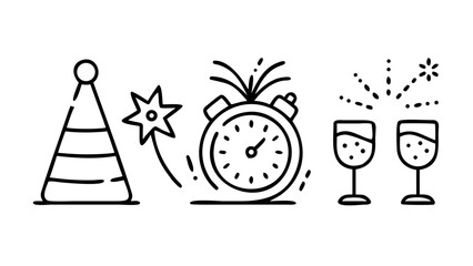 Festive New Year Celebration Icons fireworks clock