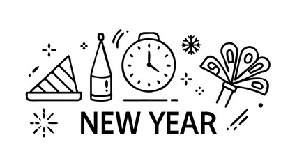 Festive New Year Celebration Icons fireworks clock