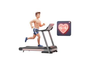 Isolated man running on treadmill with heart pulse illustration monitoring his health condition