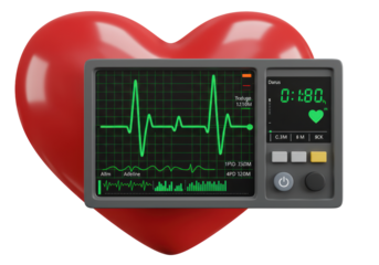 Isolated medical monitor displaying a healthy pulse rate with a red heart shape icon below