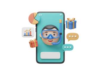 Isolated virtual mobile smartphone user with diving gear for communication and finance