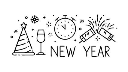 Festive New Year Celebration Icons fireworks clock