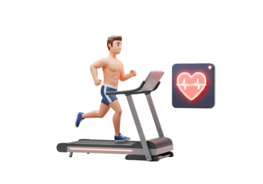 Isolated man running on treadmill with heart pulse illustration monitoring his health condition