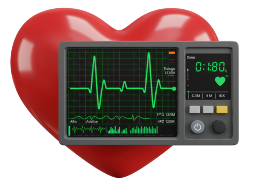 Isolated medical monitor displaying a healthy pulse rate with a red heart shape icon below