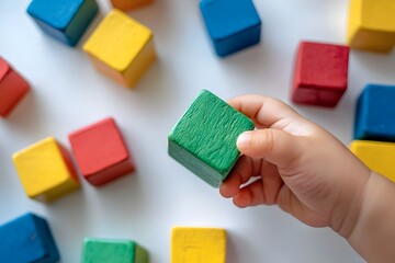 child's hand grasping colorful toy block, clean white surface, playful and clear layout 

