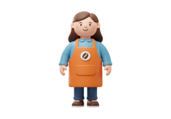 Isolated 3d rendering of a barista wearing an orange apron with coffee bean logo