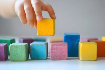 child's hand grasping colorful toy block, clean white surface, playful and clear layout 
