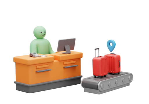 Isolated airport luggage check-in with red suitcases and smiling attendant in a 3D render scene