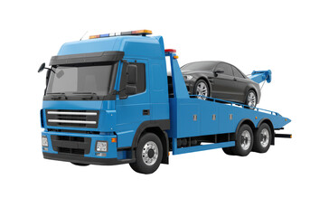 Isolated Light-blue Tow Truck Transporting a Car a Low Angle View Automotive Recovery Vehicle