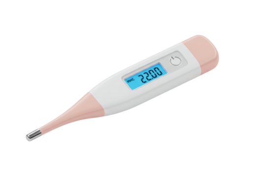 Isolated digital thermometer showing feverish temperature of 22 degrees Celsius, healthcare