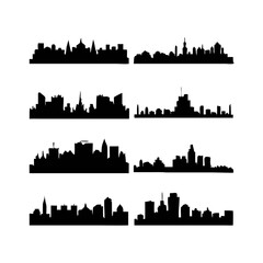 Fototapeta premium Vector art of set of eight city skyline silhouettes, showcasing urban landscapes, buildings, and architectural landmarks in a modern design