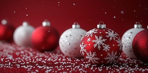 Row of red and white Christmas ornaments with snowflake designs on red image