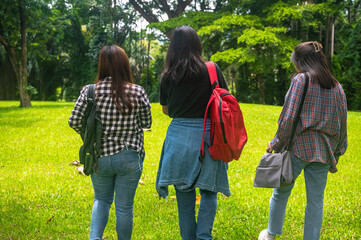 Fototapeta premium Rear view group of female college student friends walking in the park