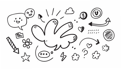 Hand drawn doodles speech bubbles arrows and symbols