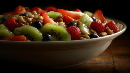 A vibrant bowl of fresh fruit and cereal, showcasing kiwi, strawberries, raspberries, blueberries, and walnuts.