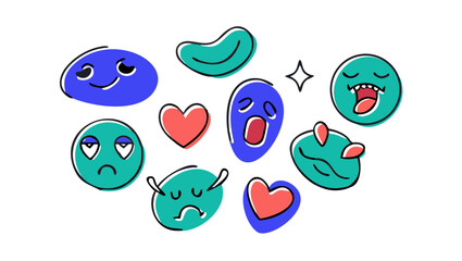 Hand drawn expressive faces and hearts emojis