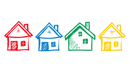 Hand drawn houses in red blue green yellow icons