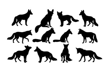Vector art of collection of fox silhouettes in various poses, showcasing the beauty and diversity of this wild animal in black and white