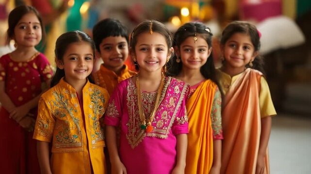 Group of happy young Indian kids dressed in traditional outfits