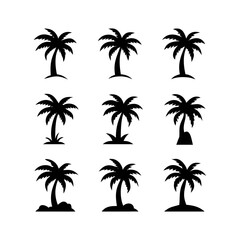 Vector art of set of nine black silhouette palm trees, vector illustration of tropical plants for summer vacation and exotic nature designs