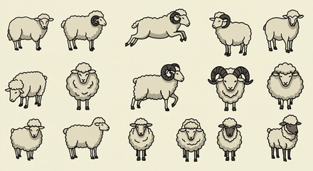 A collection of cartoon sheep in various poses and designs against a light beige background illustration