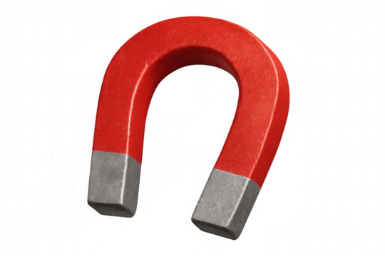 Red horseshoe magnet attracting metallic objects, silver-tipped ends against clear backdrop