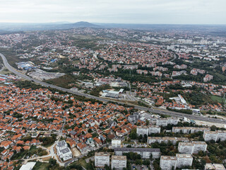Aerial view of Rudo residential towers and cityscape in Belgrade, Serbia. g.