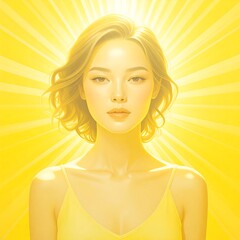 A radiant woman, bathed in vibrant yellow light, exudes a sense of inner sunshine and vitality.