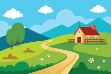 Fototapeta premium A house on a hill surrounded by trees, with a winding road leading up to it