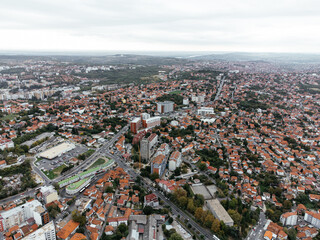 Obraz premium Aerial view of Rudo residential towers and cityscape in Belgrade, Serbia. g.