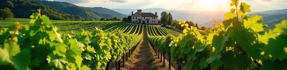 Naklejka premium Sun-Drenched Hillside Vineyard Leading to Stone Winery Lush Green Grapevines in Picturesque Wine Country Setting, Perfect for Wine, Travel, and Holiday Themes.