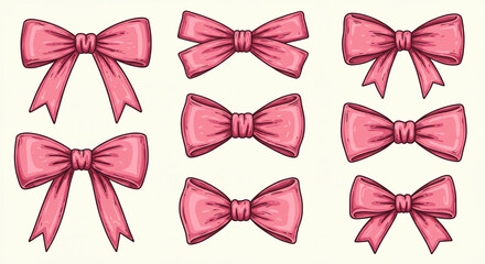 Nine pink bows arranged in a grid pattern with varying shapes and styles on a light background plain surface