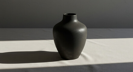 Elegant black vase with sunlight casting shadows, neutral tones