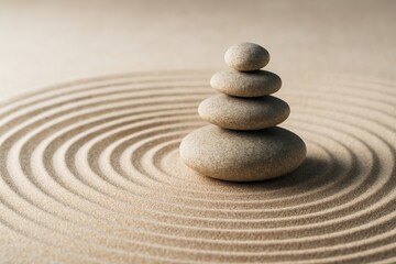 Zen-inspired stone stack on concentric sand circles with soft light and minimal background, expressing calmness, balance, and abstract harmony. Ai generative