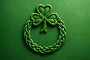 Green braided rope forming a clover-shaped wreath on green background, symbolizing St. Patrick's Day and Irish tradition creatively. Ai generative