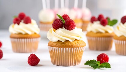 Delicious cupcakes topped with whipped cream and fresh raspberries.  A light, airy background
