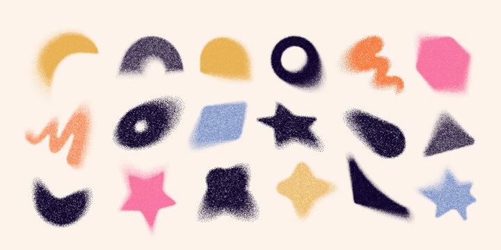 Set of soft grainy shapes, icons, gradations. Abstract isolated figures, noise blurs, various geometric forms, dotted decoration elements, motion effect. Retro design for banner, poster, background.