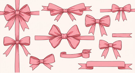 A collection of pink ribbon bows and banners in various styles on a light background illustration style