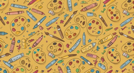 Naklejka premium Artistic Pattern: Crayons Palettes Brushes and Creative Elements.
