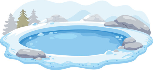 Winter landscape featuring a pool surrounded by snow-covered mountains in a vector illustration