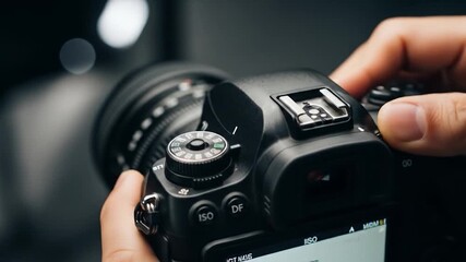 Photographer's hands adjusting professional digital camera settings for creative capture.