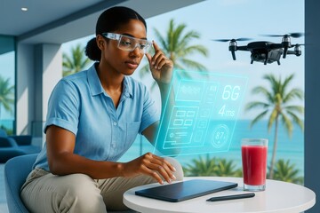 Woman using futuristic smart glasses with holographic interface and drone on tropical balcony, showcasing modern creative technology concept. Ai generative