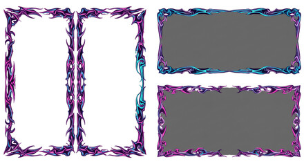 A collection of four ornate frames with swirling designs in shades of purple and teal on white and gray