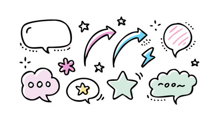 Playful pastel doodles and speech bubbles star arrow