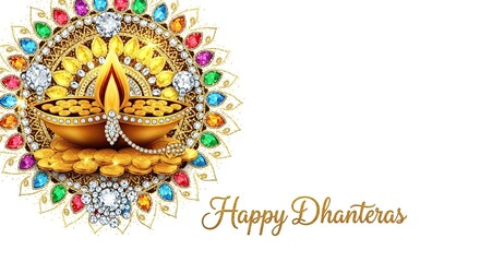 "Happy Dhanteras Golden Pot with Jewels and Coins"