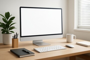 Fototapeta premium Minimal desktop workspace with blank computer screen, keyboard, notebook, and coffee mug on wooden desk in bright room with clean layout. Ai generative